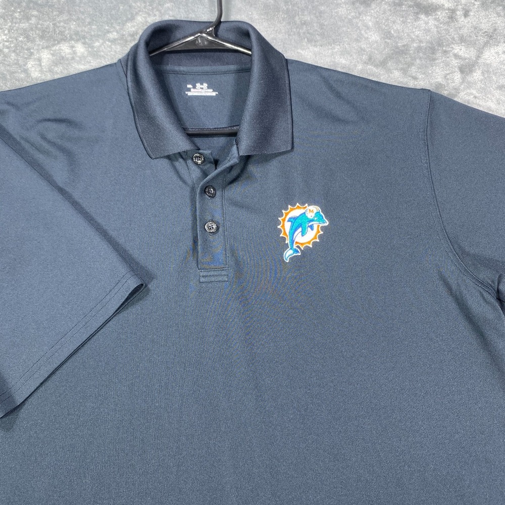 Miami Dolphins Under Armour Polo Shirt Mens XL Black Embroider Logo Mascot *Flaw